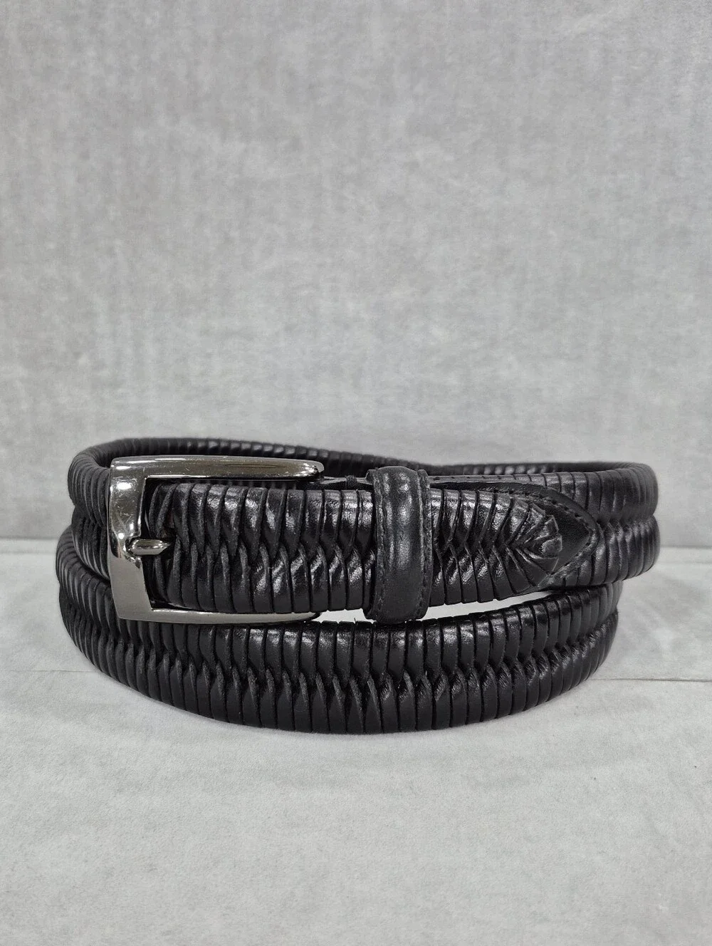 Woven belt men's 34 black full grain cowhide smoked black buckle